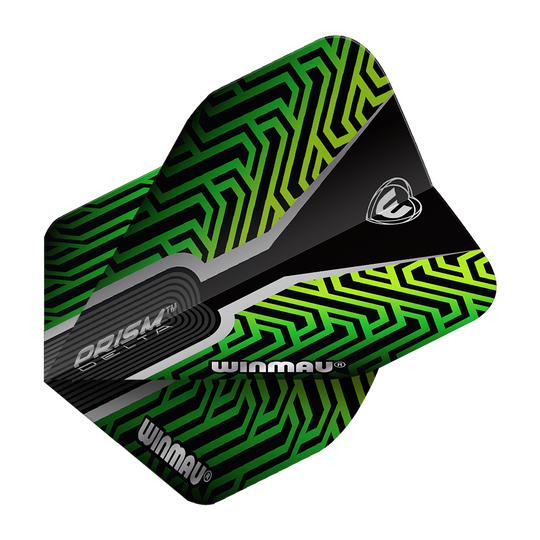 Winmau Prism Delta Kairos No2 Standard Flights Green Das Bild zeigt ein Dartflight des Modells "Winmau Prism Delta Kairos No2 Standard" in Grün. Das Flight hat ein auffälliges, geometrisches Muster in Grün- und Schwarztönen mit dem Winmau-Logo.