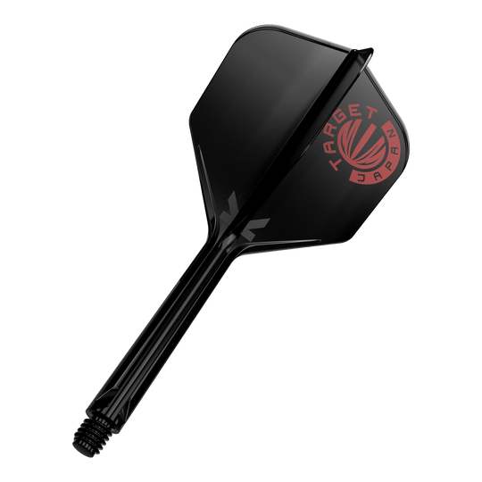 Target Japan K-Flex Original Logo Red Black No6 Flight Shaft System Das Bild zeigt einen schwarzen Dartshaft mit einer schwarzen Dartflügelfeder. Auf der Feder ist ein rotes Logo mit der Aufschrift "TARGET JAPAN" zu sehen.