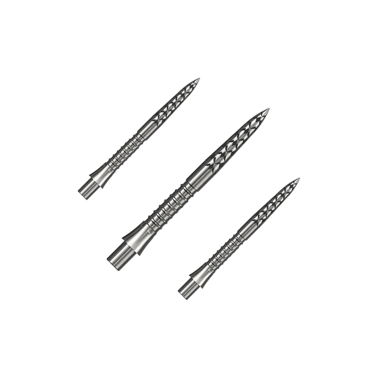 Mission Caliburn EVO dart tips GV logo - silver Hier ist ein Set silberner Steeldartspitzen mit 26 mm Länge zu sehen. Die Aufnahme basiert auf der Datei M002127_Missoin_Caliburn_EVO_GV-Logo_Steeldartspitzen_Silber_26mm_1Set.