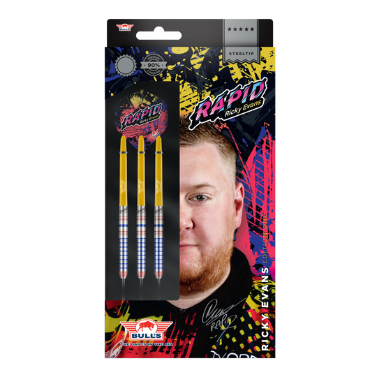 Bulls NL Ricky Evans Rapid Edition One Steel Darts Die Abbildung zeigt die Verpackung der "Bulls NL Ricky Evans Rapid Edition One Steeldarts". Auf der Packung sind drei gelb-silberne Steeldarts und ein Porträt von Ricky Evans zu sehen.