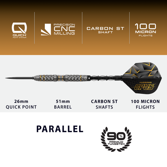 Harrow's Opus Quick Point steel darts Das Bild präsentiert die Harrows Opus Quick Point Steeldarts - 23g. Sie zeichnen sich durch ihre hochwertige Verarbeitung aus.