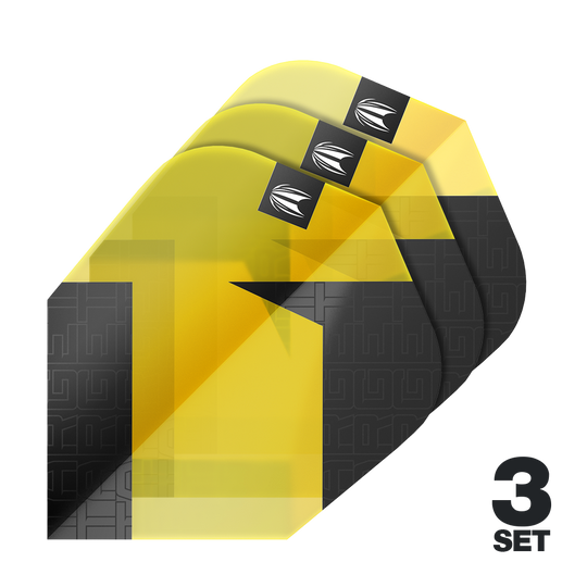 Das Bild zeigt drei Sets der Target Pro Ultra TAG Gelb Ten-X Standard Flights. Die Flights sind in Gelb und Schwarz gestaltet und eignen sich für Dartpfeile.