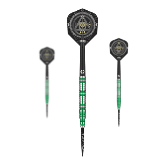 Shot Alchemy Mythril steel darts Abgebildet ist ein Set Shot Alchemy Mythril Steeldarts. Dies sind hochwertige Steeldarts für den professionellen Einsatz.