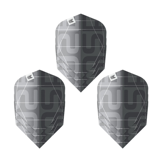 Target Pro Ultra Aspinall X Echo No6 Flights - 3 Sets Das Bild zeigt drei Sätze der Target Pro Ultra Aspinall X Echo No6 Flights. Die Flights sind in einem modernen Schwarz-Grau-Design mit geometrischem Muster gehalten.
