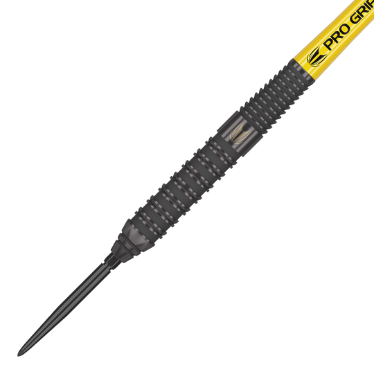 Target Bolide Void 02 Swiss Point steel darts Das Bild zeigt den Target Bolide Void 02 Swiss Point Steeldart. Der Dart hat ein schwarzes Griffstück mit feinen Rillen und einer gelben „Pro Grip“-Beschriftung am Schaft.