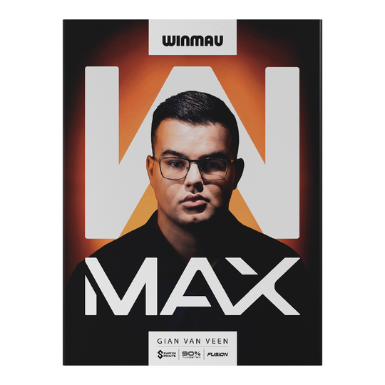 Winmau Gian Van Veen W-MAX soft darts - 18g Das Bild zeigt Winmau Gian Van Veen W-MAX Softdarts mit einem Gewicht von 18 Gramm. Die Darts sind nebeneinander angeordnet.