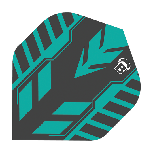 Bulls B-Star Veco No2 Standard Flights Das Bild zeigt ein Dart-Flight des Modells "Bulls B-Star Veco No2 Standard Flights". Das Flight hat ein modernes Design in Schwarz und Türkis mit einem auffälligen Muster und einem kleinen weißen "B"-Logo.