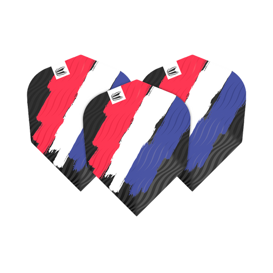 TG13_335780_Target_ProUltra_Flag_Holland_No6_Flights_1Pmc7efCi0JYiG Das Bild zeigt drei Dart-Flights mit einem Muster in den Farben Rot, Weiß und Blau, das an die niederländische Flagge erinnert. Die Flights gehören zum Produkt "Target ProUltra Flag Holland No6 Flights".