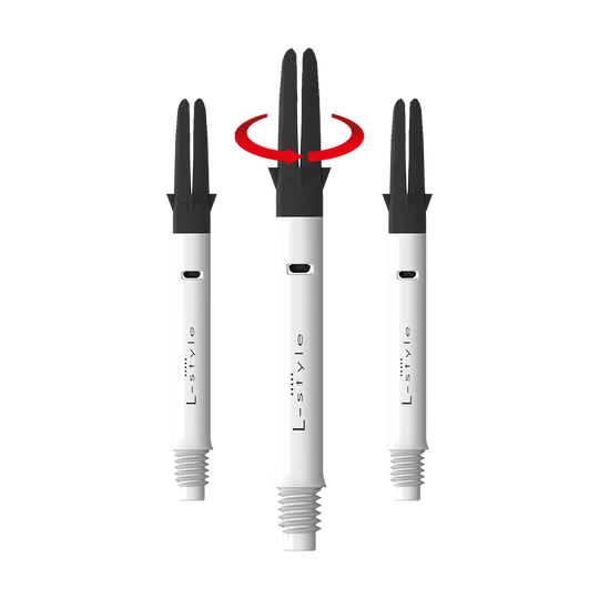 L-L-Style-Shaft Carbon Silent Straight - White Auf dem Bild sind drei weiße Dartschäfte der Marke L-Style mit schwarzen Spitzen zu sehen. Über dem mittleren Schaft ist ein roter Pfeil, der auf eine Drehbewegung hinweist.