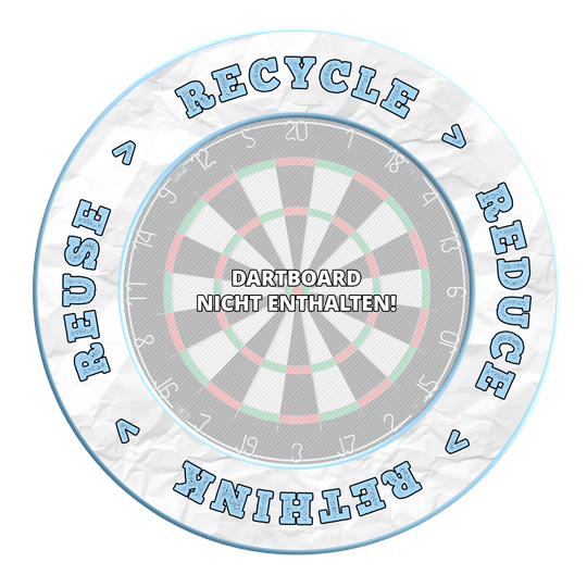 McDart Recycle Reduce Rethink Reuse Dartboard Surround Eine runde Schutzscheibe für ein Dartboard ist zu sehen. Das Produkt erscheint in mehreren Blautönen.