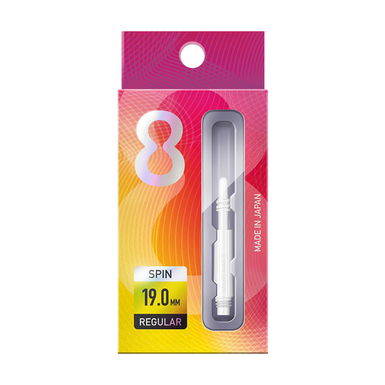 400315_8Flight_Regular_Spin_Shafts_White_19mm_3 Die Abbildung zeigt eine Packung "8 Flight Regular Spin White Shafts". Die Verpackung ist bunt gestaltet und enthält einen weißen Schaft mit der Länge von 19,0 mm.