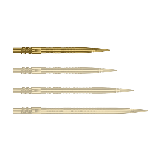 Abgebildet sind goldene MicroRidge Dartspitzen mit einer Länge von 26 mm. Das Produkt ist vermutlich von Harrows, Modell Quick Point.