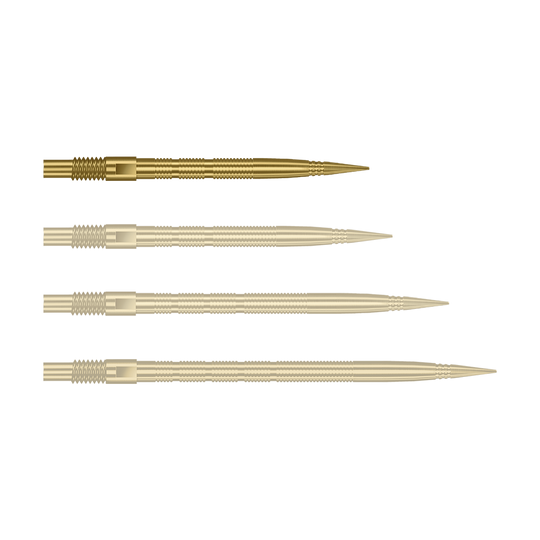 Harrows Quick Point Micro Ridge Dart Tips - Gold Abgebildet sind goldene MicroRidge Dartspitzen mit einer Länge von 26 mm. Das Produkt ist vermutlich von Harrows, Modell Quick Point.