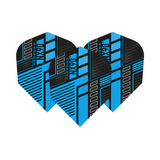 HR48_Harrows_Prime_NX90_Blue_No6_Flights_15EgPXAsSrvJnx Das Bild zeigt drei Harrows Prime NX90 Blue Flights für Darts. Die Flights sind schwarz und blau mit einem modernen, geometrischen Design.