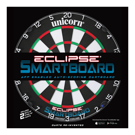 Das Bild zeigt das Produkt "Unicorn Eclipse Smartboard Steeldartboard". Es handelt sich um eine App-unterstützte Steeldart-Scheibe mit automatischer Punkteauswertung.