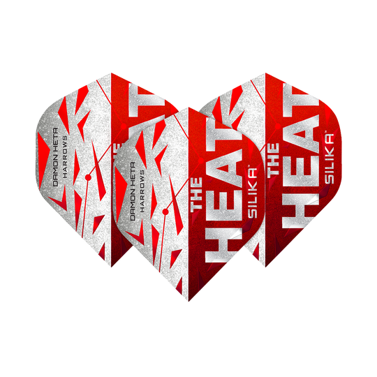 Harrow's Silika Damon Heta Series 3 Flights Das Bild zeigt drei Dart-Flights der Serie "Harrows Silika Damon Heta Series 3". Die Flights sind in Rot, Weiß und Silber gestaltet und tragen die Aufschrift "THE HEAT" sowie "SILIKA".