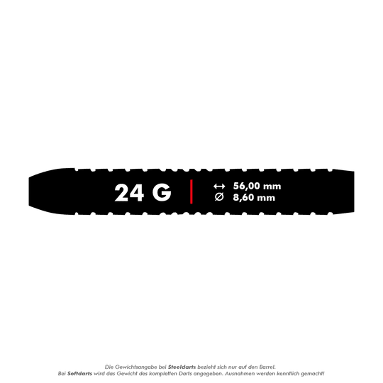 Shot Michael Smith Plated Brass Steeldarts - 24g Das Bild zeigt das Produkt "Shot Michael Smith Plated Brass Steeldarts - 24g". Es sind die Maße 56,00 mm Länge und 8,60 mm Durchmesser sowie das Gewicht von 24 Gramm angegeben.