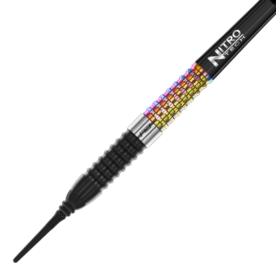 Red Dragon Peter Wright Corra Soft Darts - 18g Das Bild zeigt einen Red Dragon Peter Wright Corra Softdart mit 18g Gewicht. Der Dart hat ein farbiges, geriffeltes Griffstück und eine schwarze Spitze.