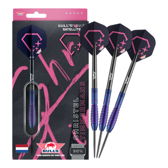 Bulls NL Christel Timmermans Satellite 90 steel darts 25g Dieses Bild zeigt die Bulls NL Christel Timmermans Satellite 90 Steeldarts 25g in voller Ansicht. Sie sind ideal für das professionelle Dartspiel geeignet.