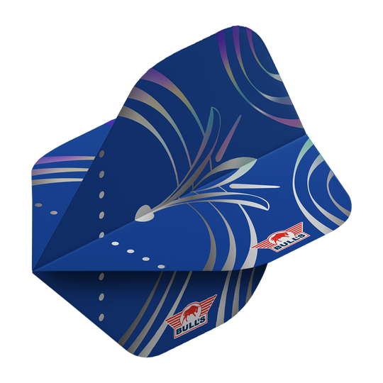 Bulls NL Series 100 Silvian No2 Standard Flights Das Bild zeigt einen blauen Dartflug mit silbernen Linien und Mustern. In der Ecke ist das rote Bulls NL-Logo zu sehen.