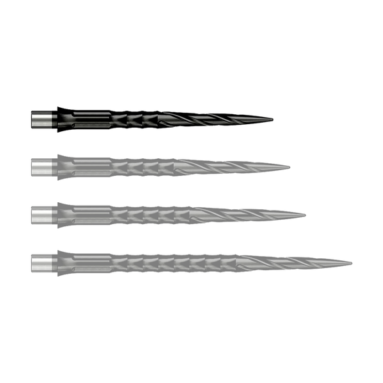 Das Foto zeigt Caliburn Evo System Steeldartspitzen Spiro NoLip Black in 28 mm Länge. Diese Dartspitzen sind in Schwarz gehalten und besonders langlebig.