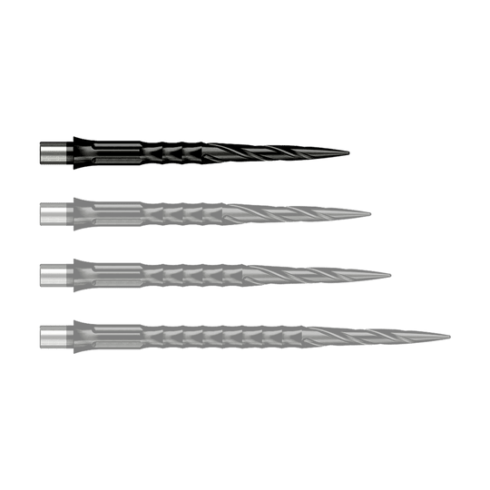 Caliburn System steel dart tips - Spiro - No Lip - Black Das Foto zeigt Caliburn Evo System Steeldartspitzen Spiro NoLip Black in 28 mm Länge. Diese Dartspitzen sind in Schwarz gehalten und besonders langlebig.