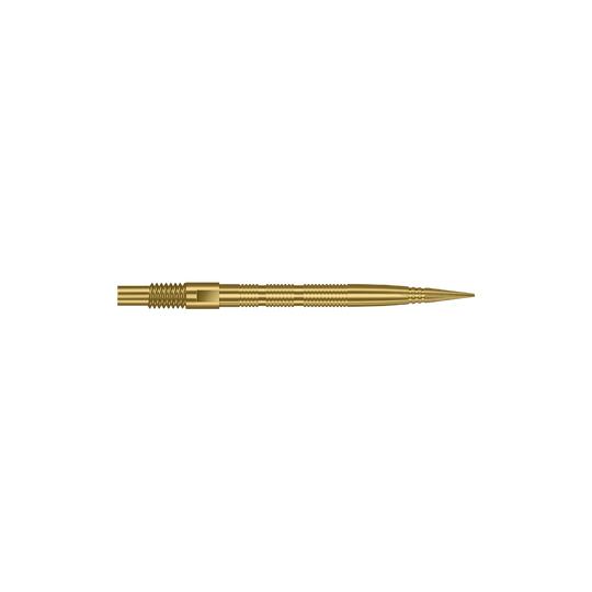Harrows Quick Point Micro Ridge Dart Tips - Gold Das Bild zeigt goldene MicroRidge Dartspitzen in 26 mm Länge. Die Dartspitzen gehören wahrscheinlich zur Quick Point Serie von Harrows.