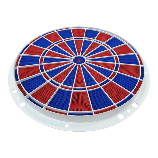 Löwen Dart spare parts 82 segment and spider set Das Bild zeigt ein rundes Dart-Segment- und Spider-Set in den Farben Blau und Rot. Es handelt sich um ein Ersatzteil für elektronische Dartscheiben, Modell Löwen Dart 82er.