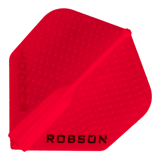 Robson Plus Dimple Flights - Rot Das Bild zeigt einen roten Dartflight mit einer genoppten Oberfläche. Am unteren Rand steht das Wort "ROBSON" in schwarzer Schrift.