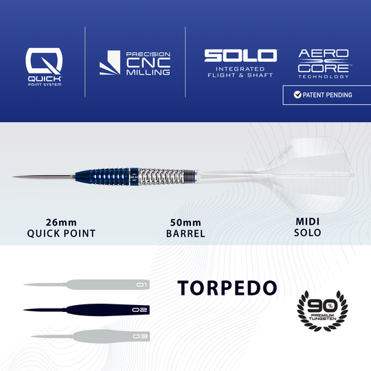 Abgebildet sind die Harrows GEO Torpedo Quick Point Steeldarts. Die Darts haben eine spezielle Torpedo-Form.
