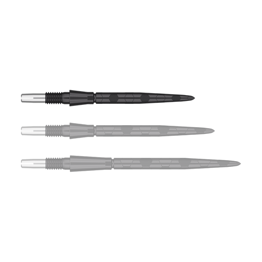 Target Swiss Storm Onyx Point Dart Tips - Black Das Bild zeigt drei schwarze Dartspitzen in einer Reihe. Sie haben ein metallisches Gewinde am einen Ende und sind schlank sowie geriffelt gestaltet.
