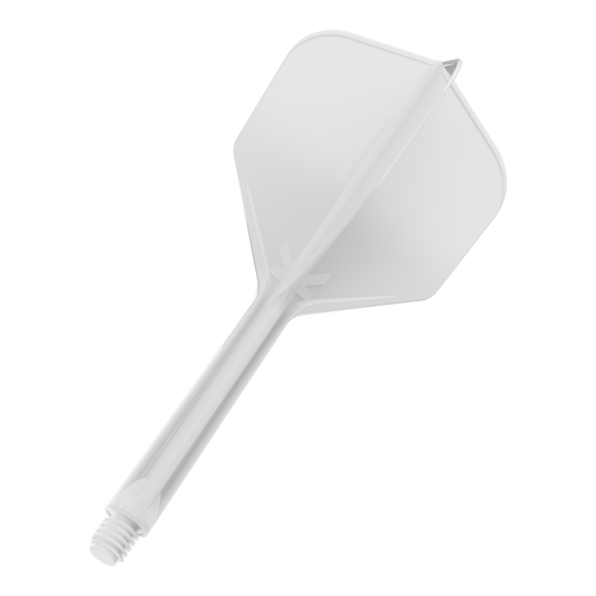 Target K-Flex No6 Flight System - White Das Bild zeigt einen weißen Dart-Flightschaft mit integriertem Flight. Er hat ein einfaches, transparentes Design und ein Schraubgewinde am Ende.
