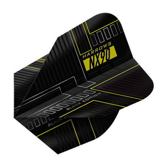 Harrows NX90 Black Edition No6 Flights Das Bild zeigt das Produkt "Harrows NX90 Black-Edition No6 Flights". Das Flight ist überwiegend schwarz mit gelben und grauen Akzenten und moderner Grafik.