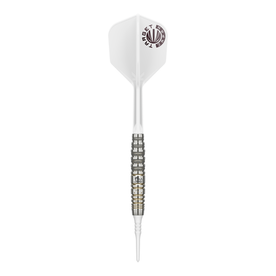 Das Bild zeigt einen Softdart der Serie "Target Japan Prime Series Mayujo Morita GEN6" mit einem Gewicht von 18g. Der Dart hat eine weiße Flight mit Logo und einen silberfarbenen, fein gerillten Barrel.