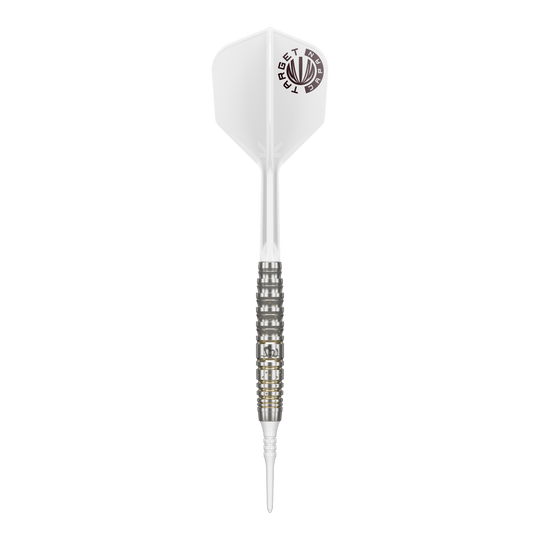 Target Japan Prime Series Mayujo Morita GEN6 Soft Darts - 18g Das Bild zeigt einen Softdart der Serie "Target Japan Prime Series Mayujo Morita GEN6" mit einem Gewicht von 18g. Der Dart hat eine weiße Flight mit Logo und einen silberfarbenen, fein gerillten Barrel.