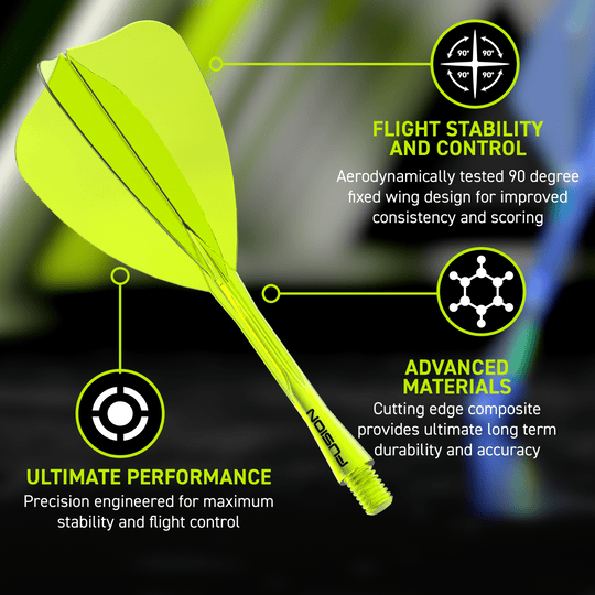 Winmau Fusion Flight Shaft System Arrow Neon Yellow Das Bild zeigt das Winmau Fusion Flight-Shaft-System Arrow Neon Yellow. Es handelt sich um einen neon-gelben Flight-Shaft für Darts.