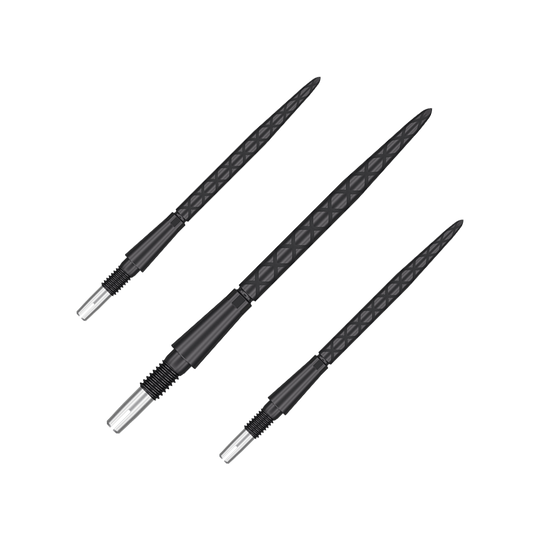 Target Swiss Storm Diamond Point Dart Tips - Black Auf dem Bild sind drei schwarze Dartspitzen mit Rautenmuster zu sehen. Sie sind parallel nebeneinander angeordnet.
