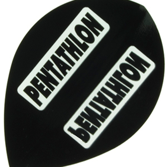 p54 Das Bild zeigt ein schwarzes Dart-Flight mit der Aufschrift "PENTATHLON" in weißem Kasten. Es handelt sich um das Produkt "Pentathlon Flights P54".