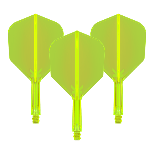 Das Bild zeigt drei neongelbe Dartflights mit integrierten Schäften. Sie sind nebeneinander angeordnet und auf schwarzem Hintergrund zu sehen.