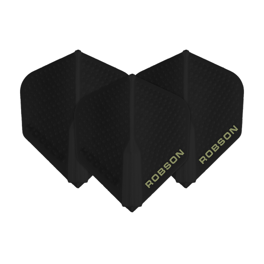 Robson Plus Dimple Flights - Black Das Bild zeigt drei schwarze Robson Plus Dimple Flights für Dartpfeile. Auf den Flights steht der Schriftzug "ROBSON" in heller Farbe.