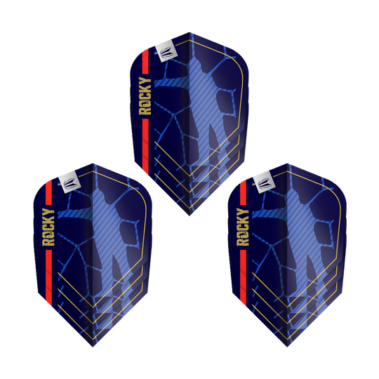 Target Pro Ultra Josh Rock GEN1 Ten-X Flights - 3 Sets Das Bild zeigt drei Sets der "Target Pro Ultra Josh Rock GEN1 Ten-X Flights". Die Flights sind dunkelblau mit gelben und roten Akzenten und dem Schriftzug "ROCKY".