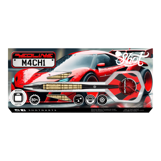 Shot Redline Mach 1 soft darts - 20g Das Bild zeigt die Verpackung der "Shot Redline Mach 1 Softdarts - 20g". Auf der Packung ist ein roter Sportwagen zusammen mit einem abgebildeten Softdart-Pfeil zu sehen.