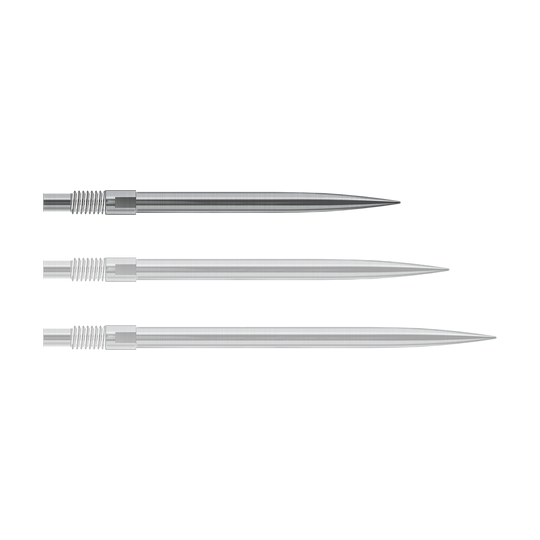 Harrows Quick Point Dart Tips - Silver Abgebildet sind Harrows QuickPoint Dartspitzen in Silber, 30mm lang. Das Foto stellt das Produkt aus einer anderen Perspektive dar.