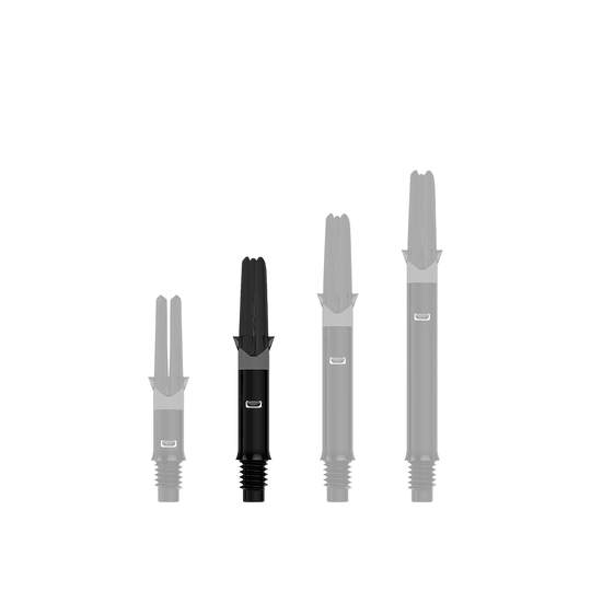 L-L-Style-Shafts Silent Straight - Black Auf dem Bild sind drei schwarze, gerade Dartshafts ohne Kappen in unterschiedlicher Länge zu sehen. Sie stehen nebeneinander aufgereiht vor transparentem Hintergrund.