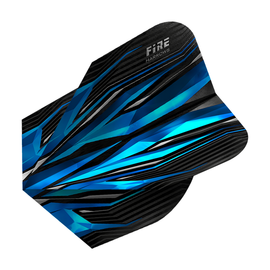 HR4_Harrows_Fire_Blue_Standard_Flights_2 Das Bild zeigt das Produkt „Harrows Fire Blue Standard Flights“. Die Dartflights haben ein auffälliges, blau-schwarzes Design mit dynamischen Linien.