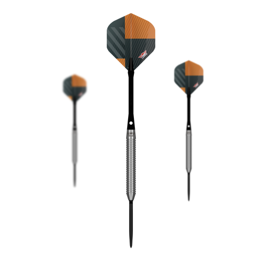 Abgebildet ist das Set Bulls NL Volt Orange Convertible Point Steeldarts. Mehrere Darts werden zusammen gezeigt.