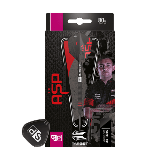 190216_Target_Nathan_Aspinall_Black_Swiss_Point_Steeldarts_3 Auf dem Bild ist eine Verpackung für Steeldarts der Marke Target zu sehen. Auf der Verpackung steht „The ASP Black“ und zeigt einen Dartspieler sowie einen einzelnen Dartpfeil.