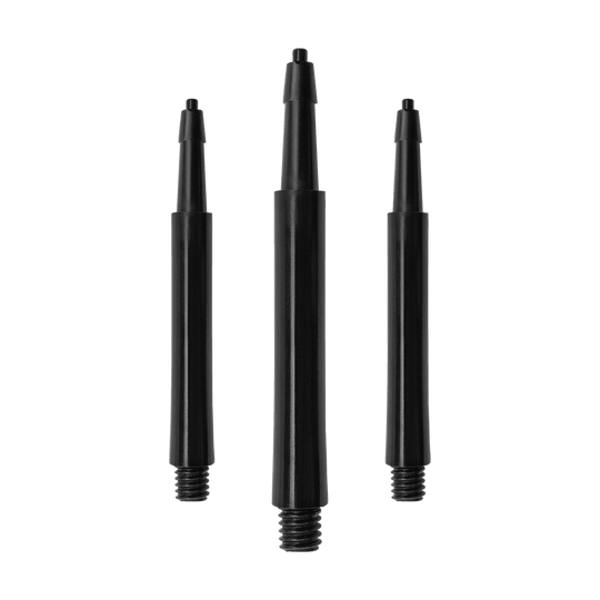 Das Bild zeigt drei schwarze Harrows Clic Standard Shafts. Diese Schäfte sind für den Einsatz bei Darts bestimmt.