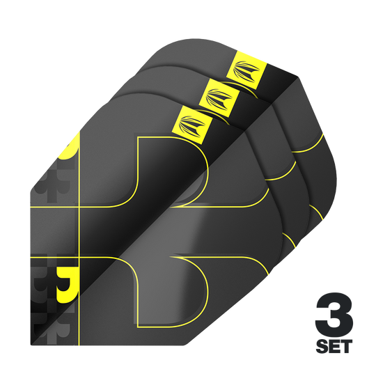 Das Bild zeigt das Produkt "Target ProUltra Bolide Void No6 Flights" in einer schwarzen und gelben Farbkombination. Es sind drei Sets der Flights abgebildet.