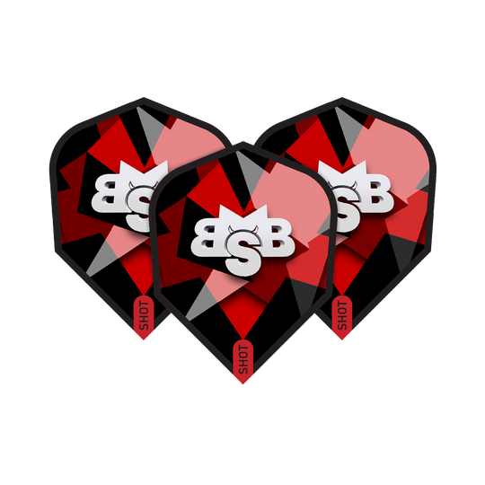 Shot Michael Smith Defiant No6 Flights Das Bild zeigt drei Dart-Flights des Produkts "Shot Michael Smith Defiant No6 Flights". Die Flights sind in Schwarz, Rot und Grau gestaltet und zeigen ein auffälliges Logo mit den Buchstaben "BSB".